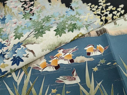 平和屋着物●本加賀友禅作家　柿本市郎　黒留袖　流水群れ鳥草花文　正絹　逸品　DABD9283ud