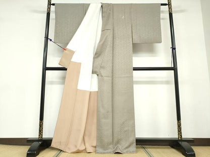 平和屋着物●訪問着　刺繍　更紗花唐草地紋　色無地　灰汁色　正絹　逸品　DABD9288ud