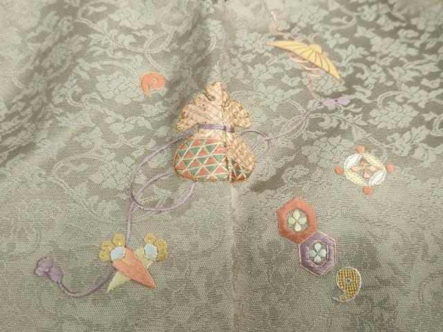 平和屋着物●訪問着　刺繍　更紗花唐草地紋　色無地　灰汁色　正絹　逸品　DABD9288ud