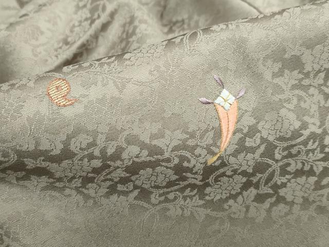 平和屋着物●訪問着　刺繍　更紗花唐草地紋　色無地　灰汁色　正絹　逸品　DABD9288ud