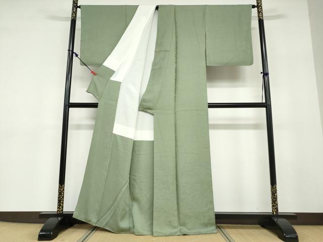 平和屋着物○上質な色無地 風景草花地紋 松葉色 正絹 逸品 DABD9300ud