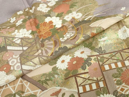 平和屋着物●豪華色留袖　作家物　駒刺繍　花車文　金彩　ロング丈　正絹　逸品　DABD9304ud