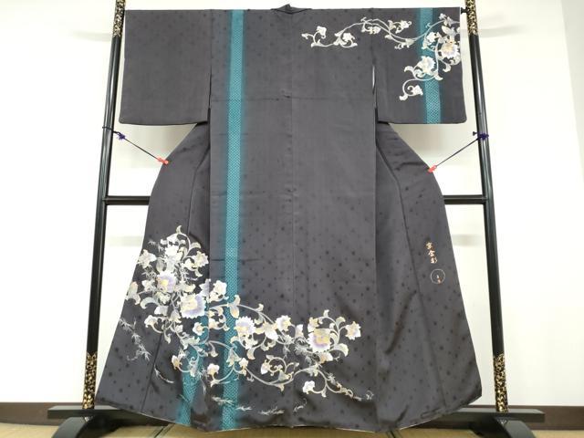 平和屋着物●金彩友禅 卓越技能者・名工・和田光正 中国三大刺繍 スワトウ刺繍 汕頭刺繍 訪問着 花織 紬地 花唐草文 金彩 DABD9307ud