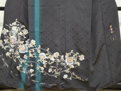 平和屋着物●金彩友禅 卓越技能者・名工・和田光正 中国三大刺繍 スワトウ刺繍 汕頭刺繍 訪問着 花織 紬地 花唐草文 金彩 DABD9307ud