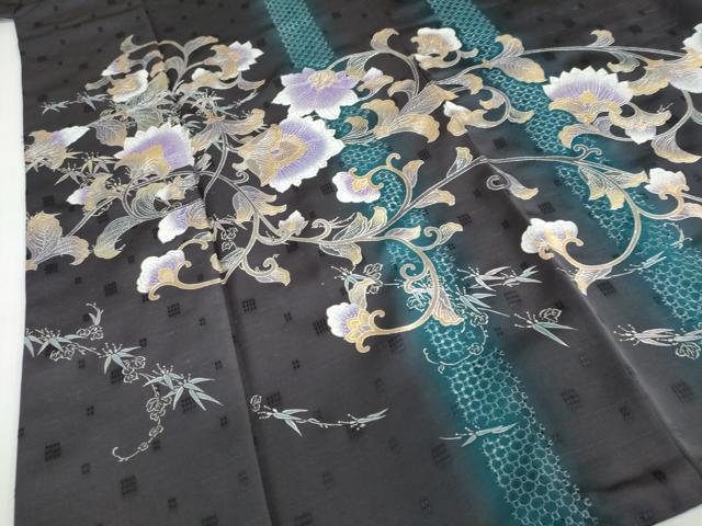 平和屋着物●金彩友禅 卓越技能者・名工・和田光正 中国三大刺繍 スワトウ刺繍 汕頭刺繍 訪問着 花織 紬地 花唐草文 金彩 DABD9307ud