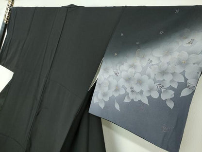 平和屋着物●訪問着　花尽くし文　暈し染め　黒地　金彩　やまと誂製　反端付き　正絹　逸品　DABD9309ud