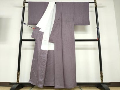 平和屋着物●上質な色無地　作家物　変わり縞地紋　鳩羽色　正絹　逸品　未使用　DABD9316ud