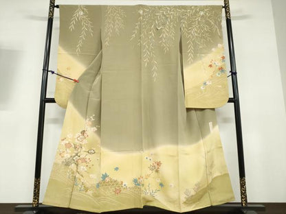 平和屋着物●現代アンティーク　貝島はるみ　綺麗伝説　振袖　立波草花籬文　暈し染め　金彩　正絹　逸品　DABD9321ud
