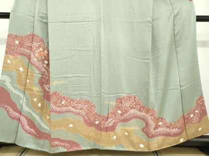 平和屋着物●訪問着　絞り　刺繍　道長草花文　金彩　正絹　逸品　DABD9327ud