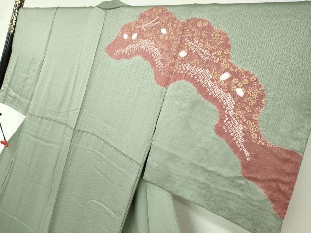 平和屋着物●訪問着　絞り　刺繍　道長草花文　金彩　正絹　逸品　DABD9327ud