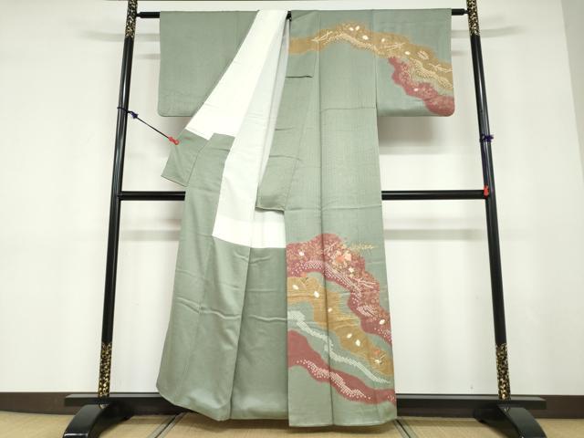 平和屋着物●訪問着　絞り　刺繍　道長草花文　金彩　正絹　逸品　DABD9327ud 平和屋着物○訪問着 絞り 辻が花 暈し染め 金彩 正絹 逸品 DABD9275ud