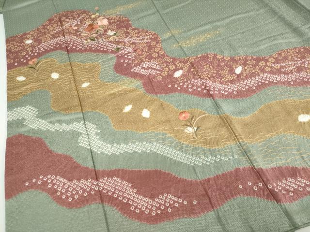 平和屋着物○訪問着 絞り 刺繍 道長草花文 金彩 正絹 逸品 DABD9327ud
