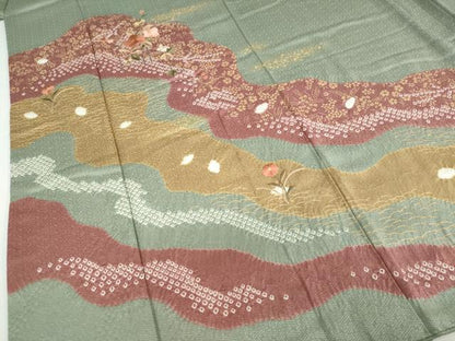 平和屋着物●訪問着　絞り　刺繍　道長草花文　金彩　正絹　逸品　DABD9327ud