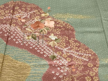 平和屋着物●訪問着　絞り　刺繍　道長草花文　金彩　正絹　逸品　DABD9327ud