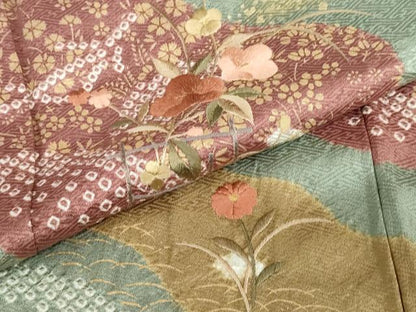 平和屋着物●訪問着　絞り　刺繍　道長草花文　金彩　正絹　逸品　DABD9327ud
