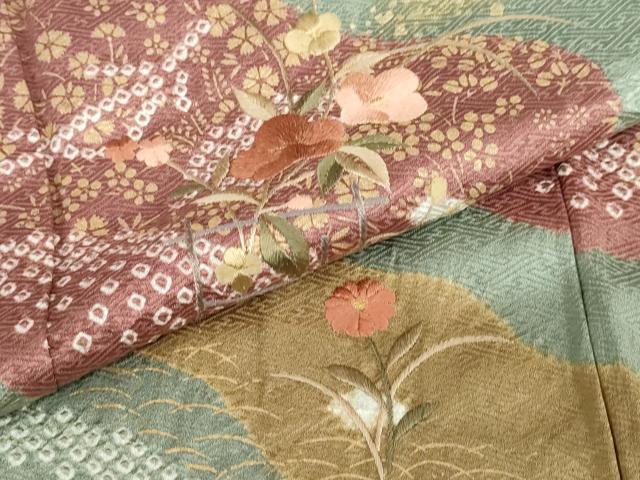平和屋着物●訪問着　絞り　刺繍　道長草花文　金彩　正絹　逸品　DABD9327ud