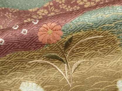 平和屋着物●訪問着　絞り　刺繍　道長草花文　金彩　正絹　逸品　DABD9327ud