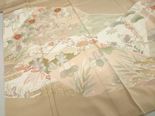 平和屋着物●豪華色留袖　駒刺繍　流水草花文　金彩　正絹　逸品　DABD9330ud