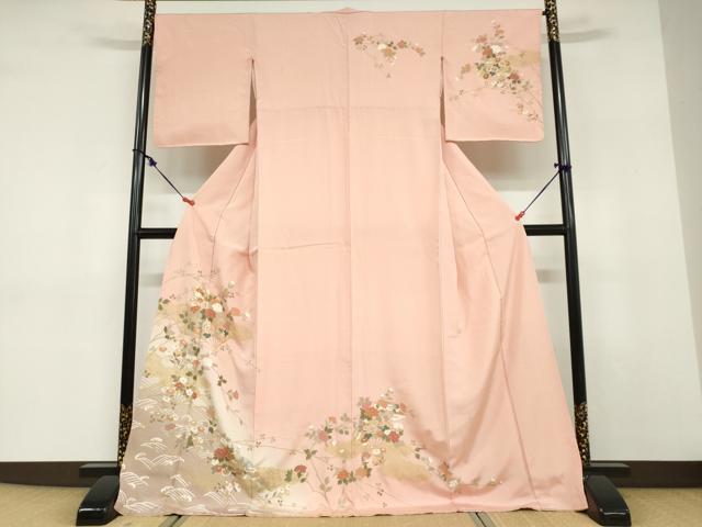 平和屋着物●訪問着　扇面草花文　暈し染め　金彩　ロング丈　正絹　逸品　DABD9331ud
