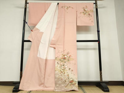 平和屋着物●訪問着　扇面草花文　暈し染め　金彩　ロング丈　正絹　逸品　DABD9331ud