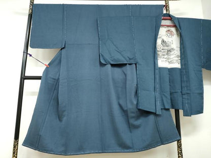 平和屋着物●男性　紬　アンサンブル　長羽織　青藍色　正絹　逸品　DABD9338ud