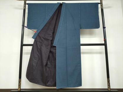平和屋着物●男性　紬　アンサンブル　長羽織　青藍色　正絹　逸品　DABD9338ud