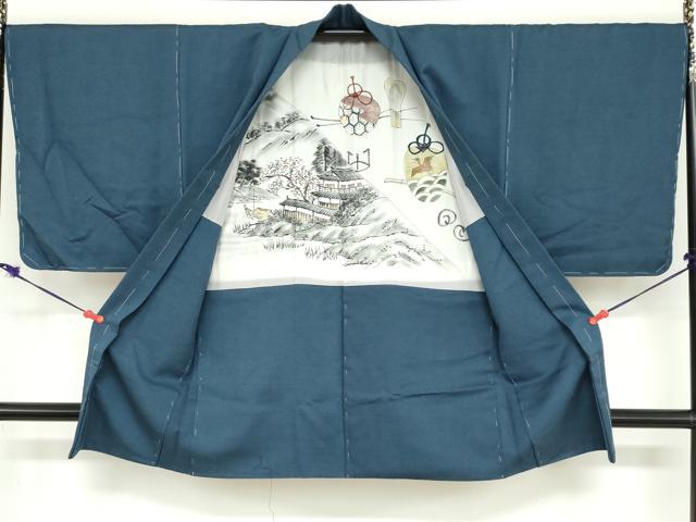 平和屋着物●男性　紬　アンサンブル　長羽織　青藍色　正絹　逸品　DABD9338ud