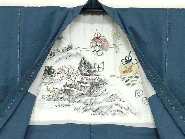 平和屋着物●男性　紬　アンサンブル　長羽織　青藍色　正絹　逸品　DABD9338ud