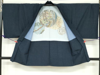 平和屋着物●男性　紬　アンサンブル　濃藍色　キングサイズ　正絹　逸品　DABD9342ud