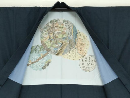 平和屋着物●男性　紬　アンサンブル　濃藍色　キングサイズ　正絹　逸品　DABD9342ud