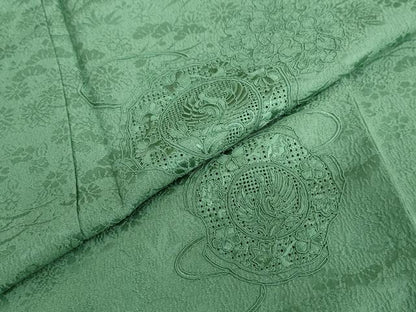 平和屋着物●中国三大刺繍　スワトウ刺繍　汕頭刺繍　総刺繍　無地絵羽訪問着　花鳥文　木賊色　正絹　逸品　DABD9347ud