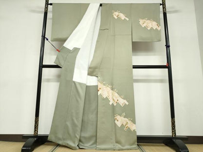 平和屋着物●訪問着　駒刺繍　鹿の子草花文　金彩　正絹　逸品　DABD9351ud