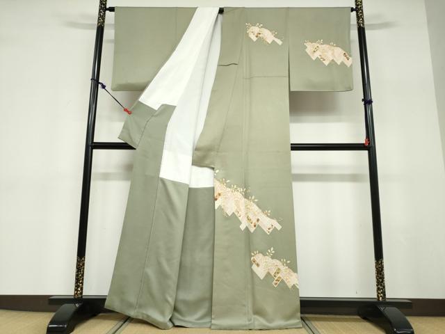平和屋着物●訪問着　駒刺繍　鹿の子草花文　金彩　正絹　逸品　DABD9351ud