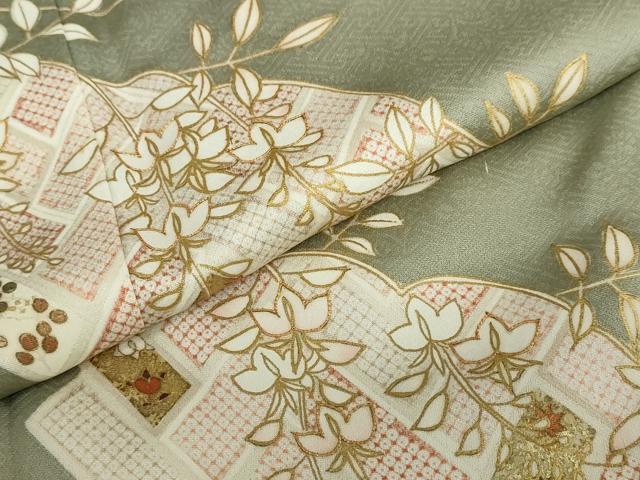 平和屋着物●訪問着　駒刺繍　鹿の子草花文　金彩　正絹　逸品　DABD9351ud