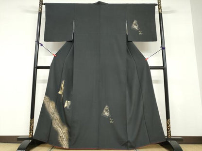 平和屋着物●訪問着　流水花鳥文　暈し染め　黒地　金彩　正絹　逸品　DABD9357ud