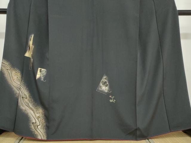平和屋着物●訪問着　流水花鳥文　暈し染め　黒地　金彩　正絹　逸品　DABD9357ud