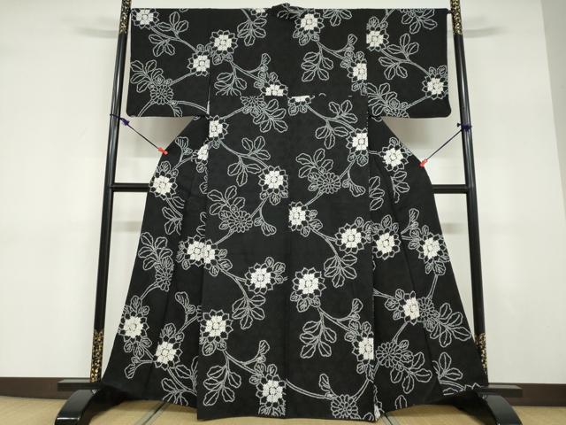 平和屋着物●上質な小紋　絞り　草花文　黒地　正絹　逸品　DABD9358ud