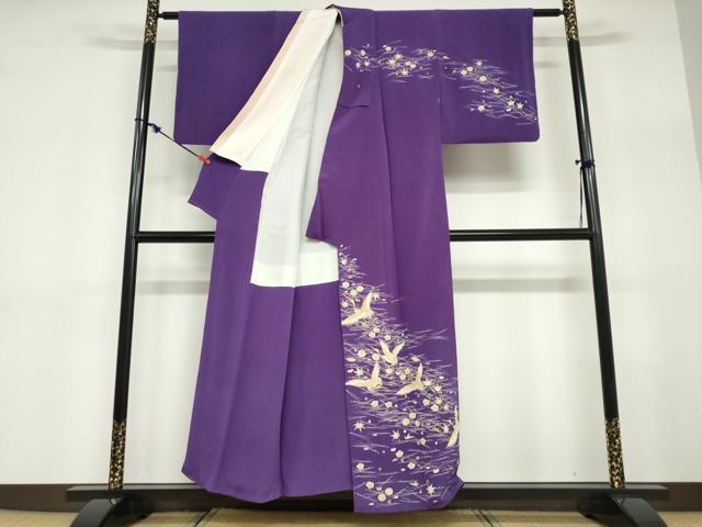 平和屋着物○訪問着 駒刺繍 飛鶴草花文 金彩 鬼しぼ縮緬
