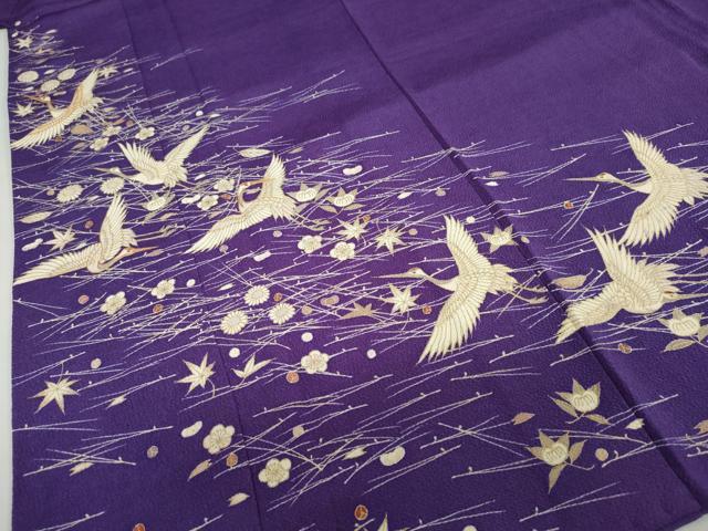平和屋着物●訪問着　駒刺繍　飛鶴草花文　金彩　鬼しぼ縮緬　正絹　逸品　DABD9363ud 平和屋着物○訪問着 駒刺繍 飛鶴草花文 金彩 鬼しぼ縮緬