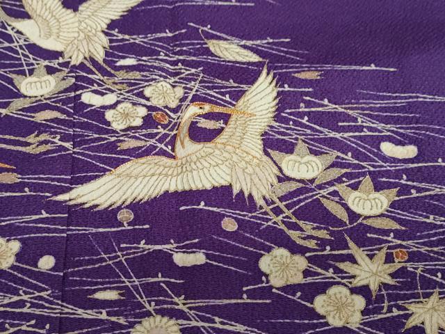 平和屋着物●訪問着　駒刺繍　飛鶴草花文　金彩　鬼しぼ縮緬　正絹　逸品　DABD9363ud 平和屋着物○訪問着 駒刺繍 飛鶴草花文 金彩 鬼しぼ縮緬
