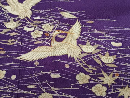 平和屋着物●訪問着　駒刺繍　飛鶴草花文　金彩　鬼しぼ縮緬　正絹　逸品　DABD9363ud