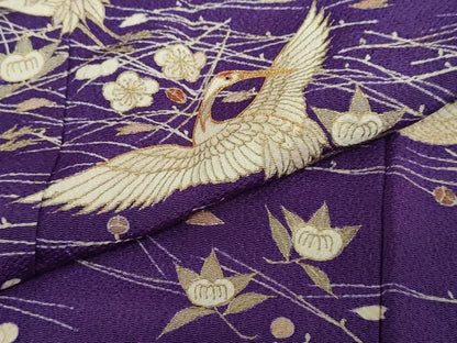 平和屋着物●訪問着　駒刺繍　飛鶴草花文　金彩　鬼しぼ縮緬　正絹　逸品　DABD9363ud