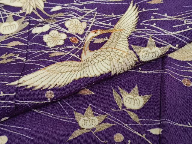 平和屋着物●訪問着　駒刺繍　飛鶴草花文　金彩　鬼しぼ縮緬　正絹　逸品　DABD9363ud