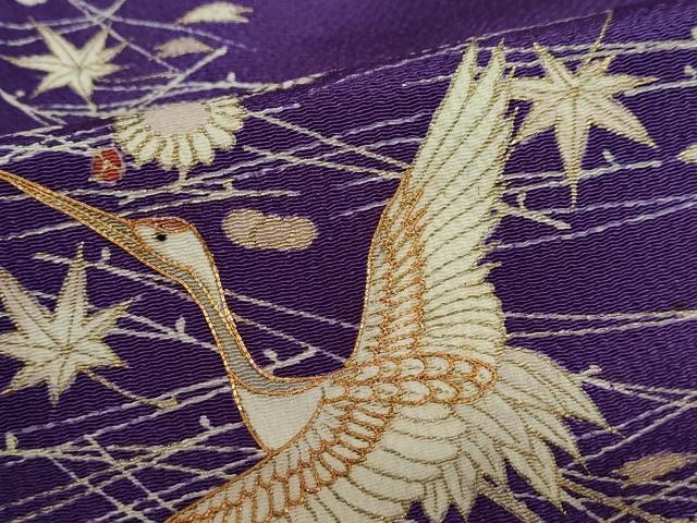 平和屋着物●訪問着　駒刺繍　飛鶴草花文　金彩　鬼しぼ縮緬　正絹　逸品　DABD9363ud 平和屋着物○訪問着 駒刺繍 飛鶴草花文 金彩 鬼しぼ縮緬