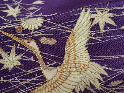 平和屋着物●訪問着　駒刺繍　飛鶴草花文　金彩　鬼しぼ縮緬　正絹　逸品　DABD9363ud