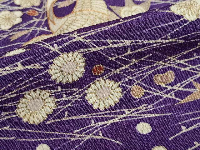 平和屋着物○訪問着 駒刺繍 飛鶴草花文 金彩 鬼しぼ縮緬
