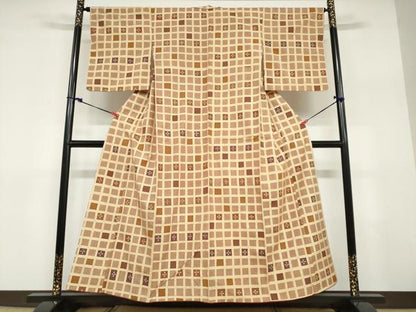 平和屋着物●上質な小紋　紬地　ろうけつ染め　格子花文　正絹　逸品　DABD9369ud