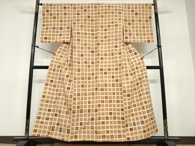 平和屋着物●上質な小紋　紬地　ろうけつ染め　格子花文　正絹　逸品　DABD9369ud