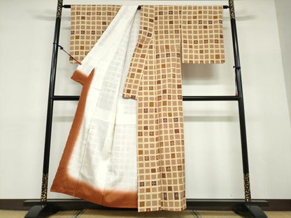 平和屋着物●上質な小紋　紬地　ろうけつ染め　格子花文　正絹　逸品　DABD9369ud