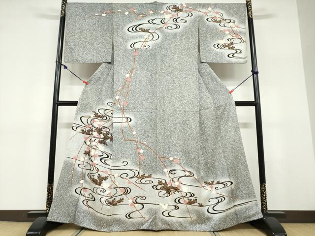 平和屋着物●訪問着　流水群れ鳥草花文　暈し染め　黒地　金彩　正絹　逸品　DABD9371ud